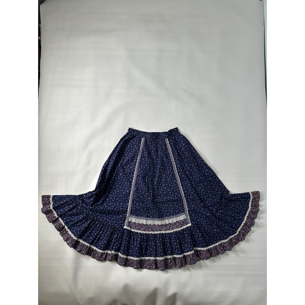 2! VTG Gunne Sax Jessicas Gunnies Boho Prairie Maxi Skirt Blue Floral Tier Lace - Picture 15 of 16